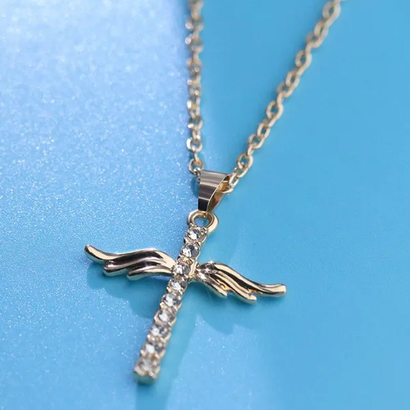 Women's Fashion 18 K Gold Fashion Cross Diamond Pendant Necklace Angel Diamond Necklace