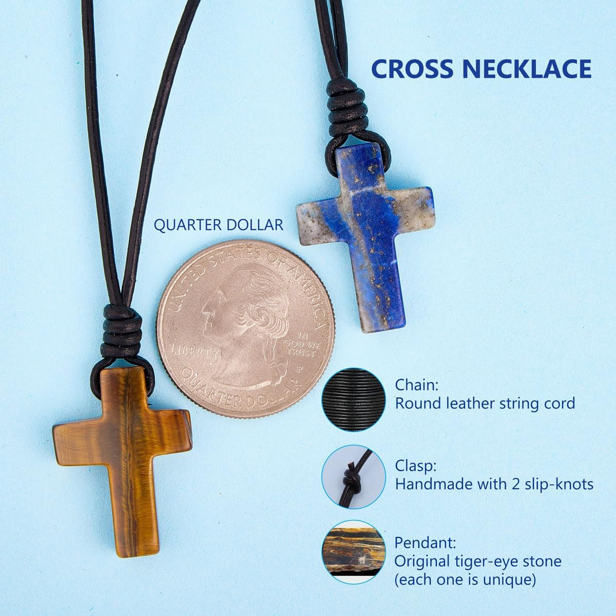 Stone Cross Pendant Adjustable Leather Necklace Gift for Valentines Day