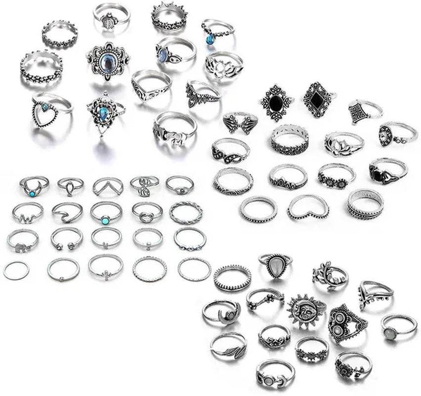 New 60Pcs Womens Rings Silver Gold Plated Rhinestone Vintage Jewelry Bohemian Style Finger Joint Ring Party Favor Gifts