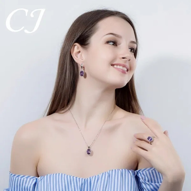 CANDICE Elegant Engagement Accessories Big Oval Cut CZ Stone Silver Necklace Earrings Ring for Bridal Wedding Bling Jewelry Set (US 6-9)