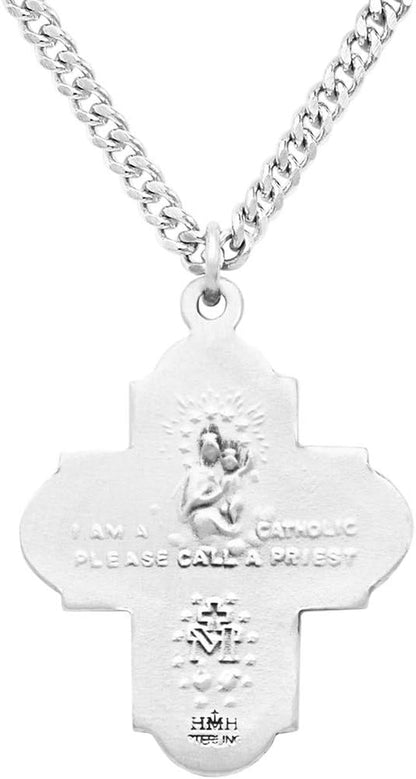 Sterling Silver Traditional Catholic Four Way Cross Medal Pendant Necklace, 24"
