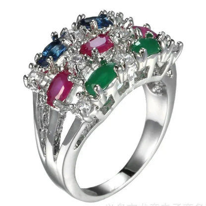 New Brand Gorgeous  Ruby Sapphire Emerald -plated Ring Engagement Fashion Jewelry