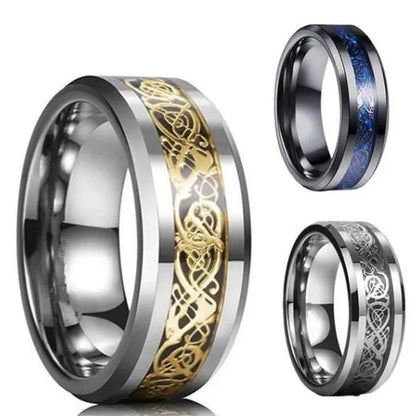 8mm Blue Black Dragon Pattern Beveled Edges Celtic Rings Tungsten Carbide Ring Jewelry Wedding Band For Men Women 6-13
