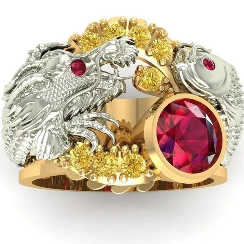New Classic Fashion Men'S 14K Gold Ring Two-Tone Wrap Dragon 925 Sterling Silver Party Ruby Men'S Engagement Wedding Ring Jewelry Hip Hop Style Bracelet Size 5-14