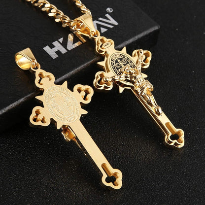 Religion Stainless Steel Saint St St. Benedict Crucifix Cross Pendants Necklace INRI
