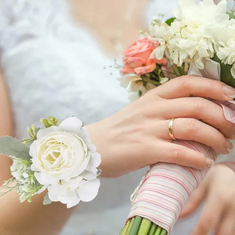4Pcs Peony Wrist Corsages Bride Wristlet Band Bracelet Men Boutonnieres Set for Wedding Flowers Mother of Bride and Groom, Party Prom Flowers