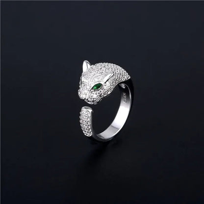 Personality 925 Sterling Silver Plated Jaguar Rings with Green Rhinestone Eyes Animal Fashion Costume Rings for Men and Women