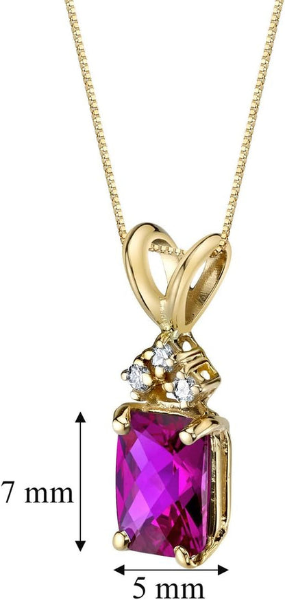 Created Ruby with Genuine Diamond Pendant in 14 Karat Yellow Gold, Elegant Solitaire, Radiant Cut, 7X5Mm, 1.30 Carats Total