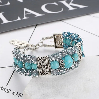 Vintage Tibetan Silver Feather Turquoise Beads Bracelet Bangle Crystal Diamond Turquoise Bangle Women Jewelry Gift