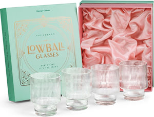 Vintage Art Deco Ribbed Lowball Cocktail Glasses | Set of 4 | 12 Oz Crystal Double Old Fashioned Tumblers for Drinking Classic Whiskey, Gin, Vodka Bar Drinks | round Glassware