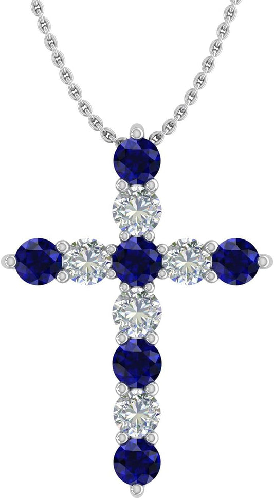 2 Carat Blue Sapphire & White Diamond Cross Pendant Necklace in 14K Gold (Silver Chain Included)