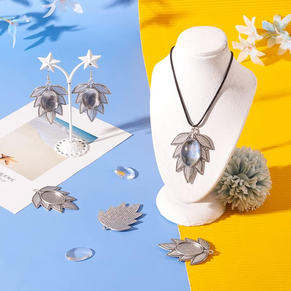 Pandhall 6 Set Leaf Tibetan Antique Silver Alloy Pendant Cabochon Bezel Settings with Clear Glass Cabochons, Trays: 18X25Mm