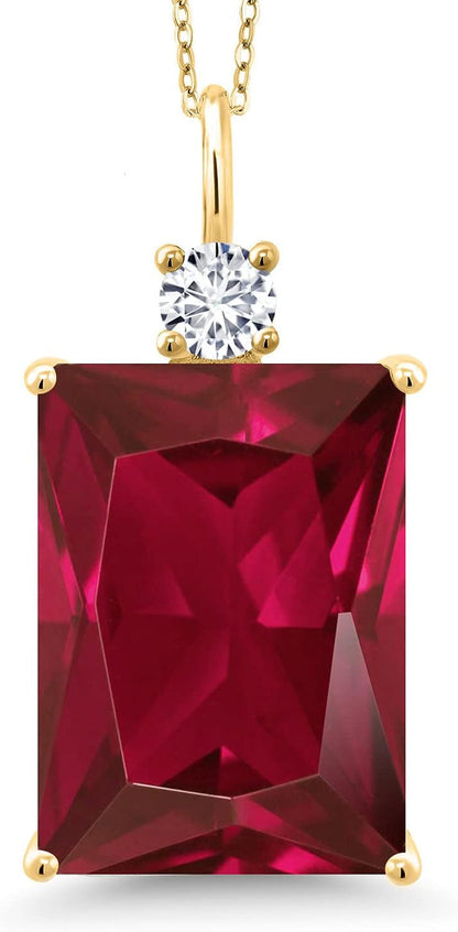 20.27 Cttw Red Created Ruby and White Lab Grown Diamond Pendant Necklace for Women in 18K Yellow Gold Plated Silver | Emerald Cut 18X13MM | with 18 Inch Silver Chain