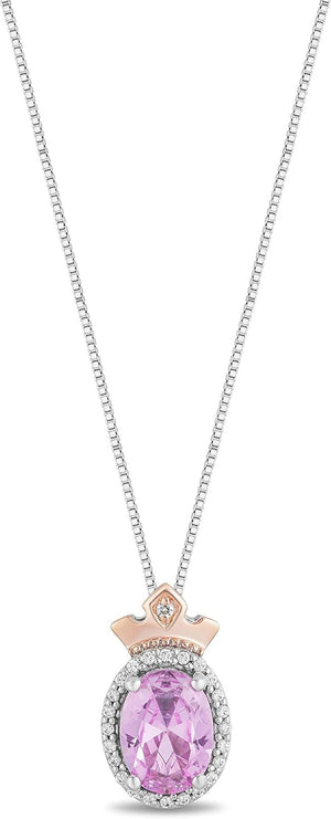 Enchanted Disney Fine Jewelry 14K Rose Gold over Sterling Silver 8X6 MM Oval Shape Created Pink Sapphire, 1/10 CTTW Natural White round Diamond Aurora Pendant Necklace, 18" Cable Chain