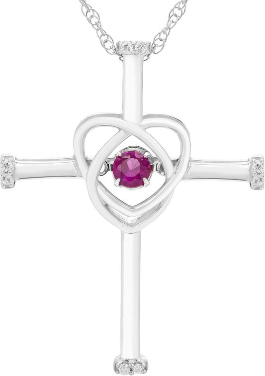925 Sterling Silver Dancing Birthstone Gemstone & Diamond Orbit Heart Cross Pendant with 18" Rope Chain