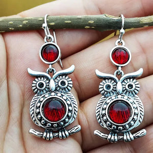 Retro Tibetan Silver Natural Ruby Sapphire Inlay Owl Ear Hook Dangle Earrings Gift for Women