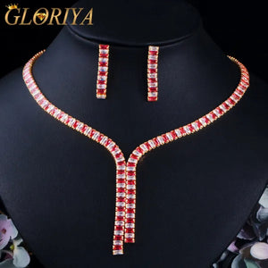 Gloriya Gorgeous Crystal Long Pendant Necklace Earrings Setting Yellow Gold Plated CZ Stone Ethiopian Indian Jewelry Set