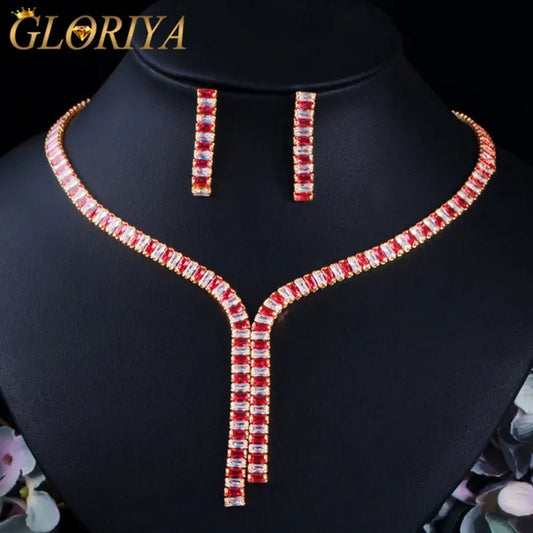 Gloriya Gorgeous Crystal Long Pendant Necklace Earrings Setting Yellow Gold Plated CZ Stone Ethiopian Indian Jewelry Set