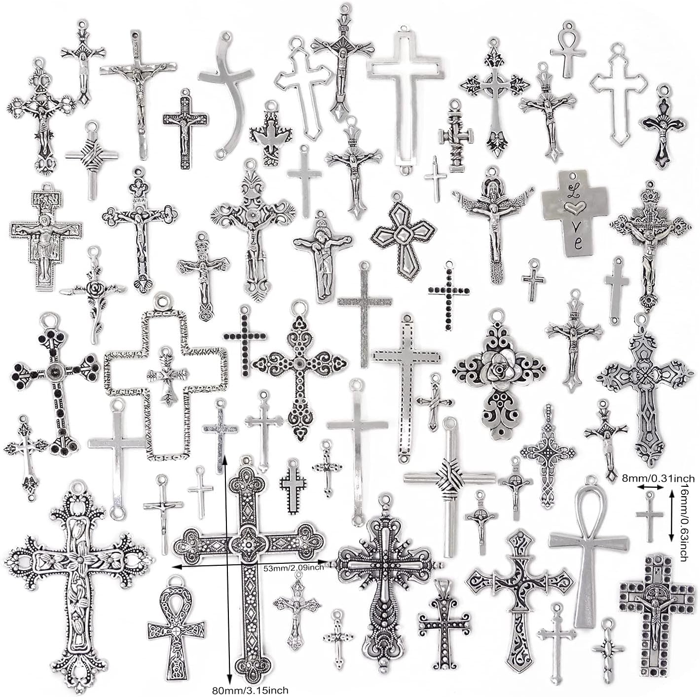 70PCS Metal Mixed Cross Charms Pendant Antique Silver Plated Jesus Christ Cross Jewelry Findings for DIY Necklace Earring Bracelet Keychain Craft Making (70 Styles)