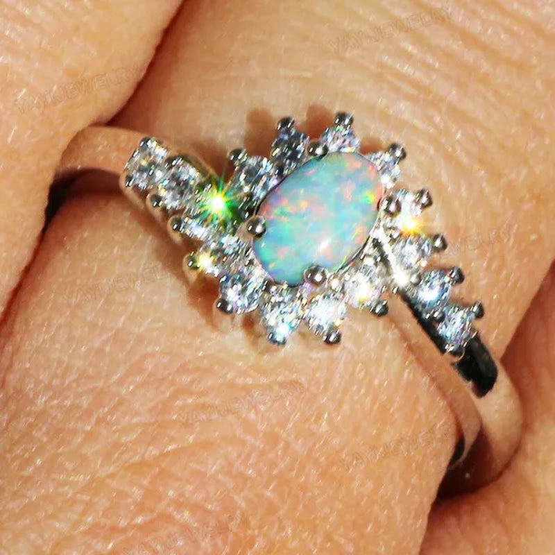 Exquisite Silver Natural Sapphire Gemstones Opal Birthstone Bride Princess Wedding Engagement Strange Ring Size 6 7 8 9 10