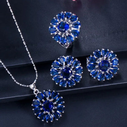 Gloriya Shining Purple Stone Sun Flower Pendant Necklace Earrings Ring Set For Women Newest Silver Color Jewelry