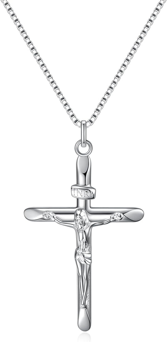 925 Sterling Silver Crucifix Pendant Necklace for Women, Jesus Christ on INRI Cross Necklace