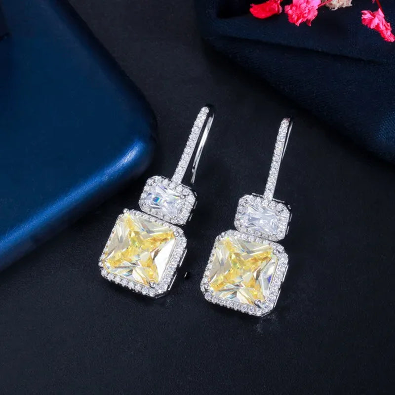 Gloriya Brilliant Sparkly Micro Cubic Zirconia Pave Citrine Square Drop Dangle Hook Earrings Jewelry for Women Fashion Accessory