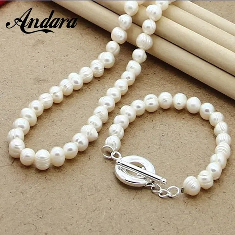 Pearl Jewelry Sets 925 Sterling Silver Natural Freshwater Pearl Necklace Bracelet Set Fashion Women Jewelry Wedding Gift