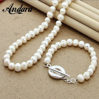 Pearl Jewelry Sets 925 Sterling Silver Natural Freshwater Pearl Necklace Bracelet Set Fashion Women Jewelry Wedding Gift
