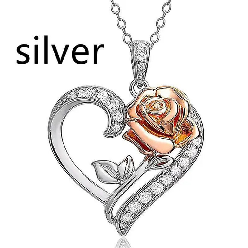 Exquisite Fashion Heart Rose Zircon Necklace Couple Heart Pendant Engagement Necklaces for Women Rose Jewelry Wedding Accessories Birthday Party Anniversary Gift