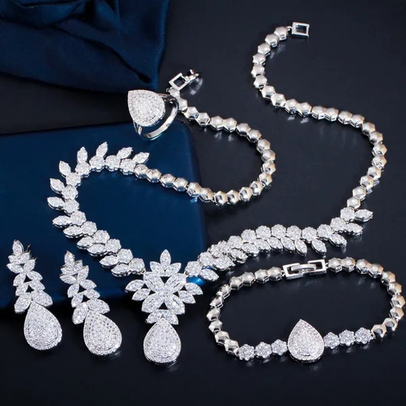 CANDICE High Quality Full Micro CZ Stone Pave Pear Water Drop Pendant Necklace&Earrings&Bracelet&Ring for Wedding Luxury Statement 4Pcs Jewelry Set