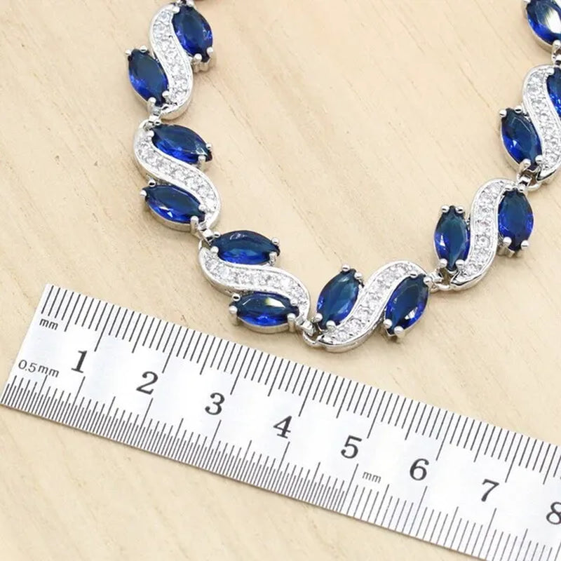 Royal Blue Stones Silver Color Jewelry Sets for Women Necklace Earrings Bracelet Ring Bridal Birthday Gift
