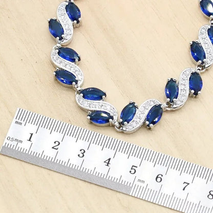 Royal Blue Stones Silver Color Jewelry Sets for Women Necklace Earrings Bracelet Ring Bridal Birthday Gift