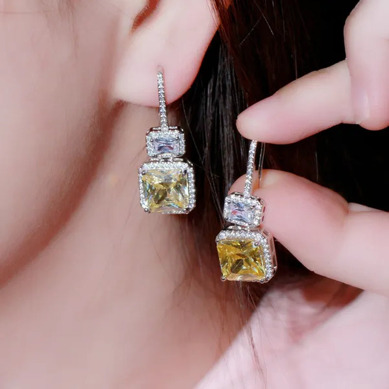 Gloriya Brilliant Sparkly Micro Cubic Zirconia Pave Citrine Square Drop Dangle Hook Earrings Jewelry for Women Fashion Accessory