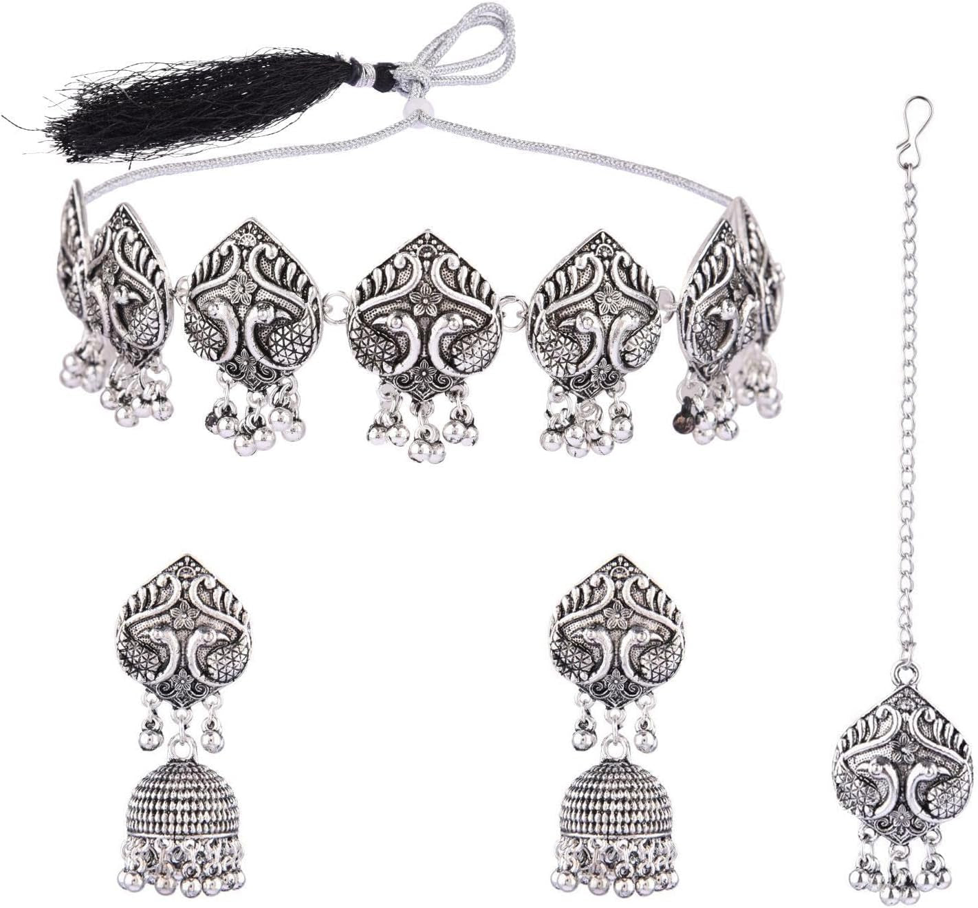 Boho Vintage Antique Ethnic Gypsy Tribal Indian Silver Oxidized Pendant Chain Statement Necklace Jewelry