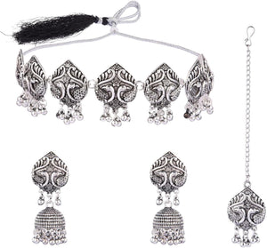 Boho Vintage Antique Ethnic Gypsy Tribal Indian Silver Oxidized Pendant Chain Statement Necklace Jewelry