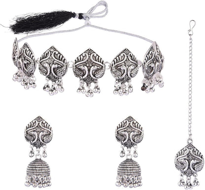 Boho Vintage Antique Ethnic Gypsy Tribal Indian Silver Oxidized Pendant Chain Statement Necklace Jewelry