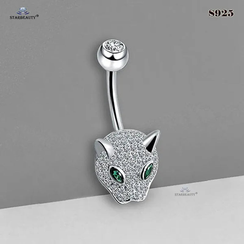 Starbeauty 1 Piece 1.6x6/8/10mm Luxury 925 Sterling Silver Navel Ring Accessories Green Eye Leopard Belly Piercing Ombligo Crystal Zircon Belly Button Rings Navel Pierc Jewelry