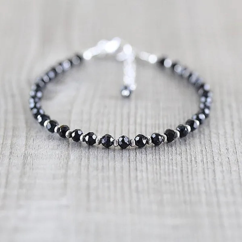 Black Spinel, Sterling & Karen Hill Tribe Silver Bracelet Boho Beaded Gemstone Bracelet Dainty Stacking Bracelet
