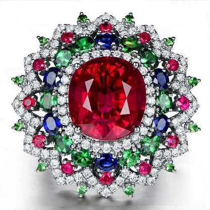 Luxury  Silver Ruby & Emerald & Sapphire & White Sapphire Natural stone Birthstone Gemstones Engagement Eyes Brand Flower Rings Wedding Anniversary Bride Women Ring Size 678910