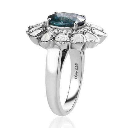 Shop LC Gifts 925 Sterling Silver 4.2 Ct Oval Ratanakiri Blue Zircon Birthstone Real Polki Diamond Cocktail Halo Ring Platinum Plated Engagement Anniversary Wedding Bridal For Her Size 6