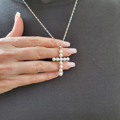Freshwater Pearl Cross Necklace - Adjustable 20" Pearl Cross Pendant - Silver Christian Jewelry - Faith Jewelry Gift for Christmas, Wedding, Anniversary