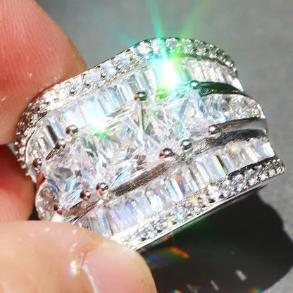 Luxury  Silver White Sapphire Flower Ring Natural Gemstones Birthstone Engagement Rings Wedding Anniversary Bride Women Man Princess Cross Ring Size 6 7 8 9 10