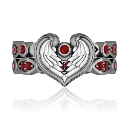 2 Pieces/Set Beautiful Women Fashion Exquisite Jewelry Classic Creative Angel Wings Heart Ring Elegant Princess Red Zircon Ring Set Romantic Bridal Engagement Wedding Ring Set Anniversary Birthday Party Christmas Gift Ring Set Jewelry Size US4-11