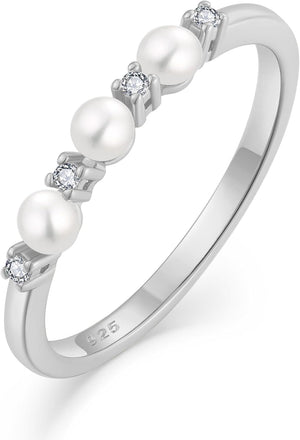 Pearl Ring 925 Sterling Silver Stackable Ring for Women, Freshwater Cultured Pearl Ring Promise Band Jewelry Gifts for Her