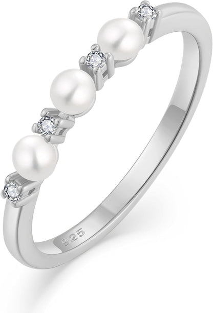Pearl Ring 925 Sterling Silver Stackable Ring for Women, Freshwater Cultured Pearl Ring Promise Band Jewelry Gifts for Her