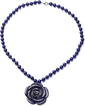 Carved Rose Blue Lapis Lazuli Beaded Necklace for Women 925 Sterling Silver Rhodium Plated Gifts for Women Size 18" Birthday Gifts