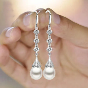 High Quality Temperament White Pearl Eardrop Earrings 925 Sterling Silver Long Earhook White Zircon Ear Jewelry