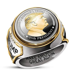 925 Sterling Silver Plated Mens Fashion Ring Two Tone 18K Gold Plated"Make America Great Again" USA President Trump Statue Commemorative Coin Rings General Election Trump Supporters Jewelry Successfully Elected Souvenir Gift Size 6 - 13