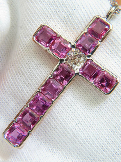 18KT GIA 10.41CT NATURAL PINK SAPPHIRE DIAMOND CROSS PENDANT NECKLACE